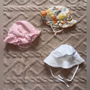 Baby Girl 0-6M Sun Hat Bundle - Wide Brim Sun Protection W/ Chin Strap, Lot Of 3